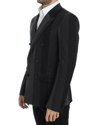 Thumbnail for Elegant Gray Striped Wool Slim Blazer