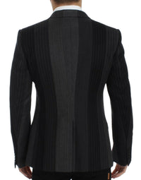 Thumbnail for Elegant Gray Striped Wool Slim Blazer