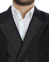 Thumbnail for Elegant Gray Striped Wool Slim Blazer