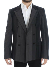 Thumbnail for Elegant Gray Striped Wool Slim Blazer
