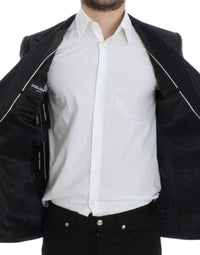 Thumbnail for Elegant Gray Striped Wool Slim Blazer