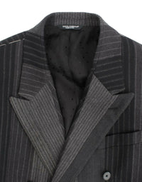 Thumbnail for Elegant Gray Striped Wool Slim Blazer