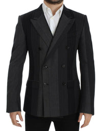 Thumbnail for Elegant Gray Striped Wool Slim Blazer