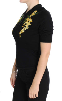 Thumbnail for Elegant Black Silk Floral Polo Top