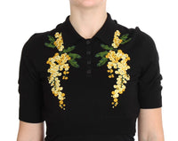 Thumbnail for Elegant Black Silk Floral Polo Top
