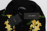 Thumbnail for Elegant Black Silk Floral Polo Top