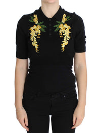 Thumbnail for Elegant Black Silk Floral Polo Top