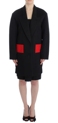 Thumbnail for Elegant Draped Long Coat in Black with Red Accents