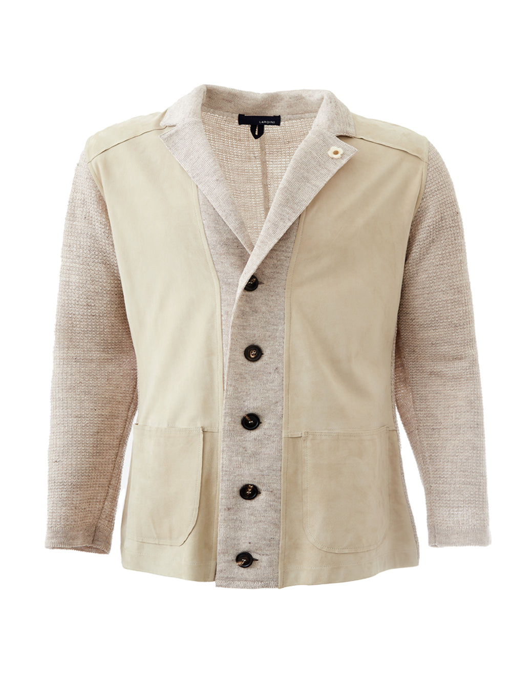 Elegant Beige Linen Cardigan Blazer with Suede Detail