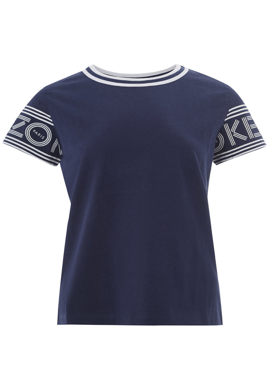 Chic Blue Cotton Tee with Contrast Logo Sleeves