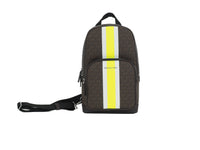 Thumbnail for Cooper Medium Signature PVC Varsity Stripe Commuter Slingpack Crossbody Bag (Brown Signature/Neon)