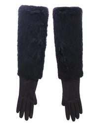 Thumbnail for Black Beaver Fur Lambskin Leather Elbow Gloves