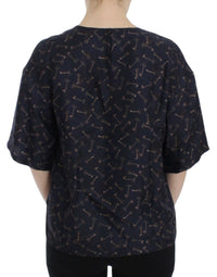 Thumbnail for Blue gold key print silk blouse