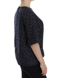 Thumbnail for Blue gold key print silk blouse