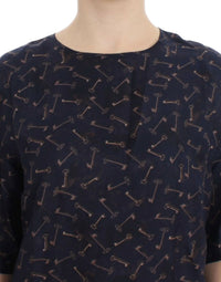 Thumbnail for Blue gold key print silk blouse