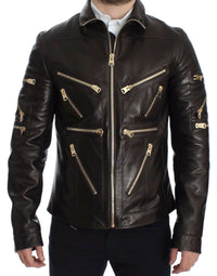 Thumbnail for Brown Lambskin Leather Zipper Jacket