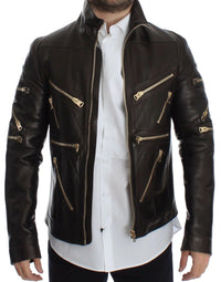 Thumbnail for Brown Lambskin Leather Zipper Jacket