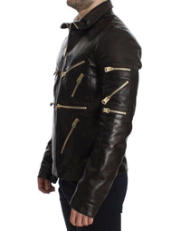 Thumbnail for Brown Lambskin Leather Zipper Jacket