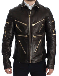 Thumbnail for Brown Lambskin Leather Zipper Jacket
