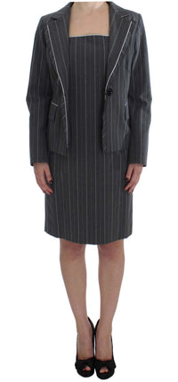 Thumbnail for Elegant Gray Striped Dress & Blazer Suit Set