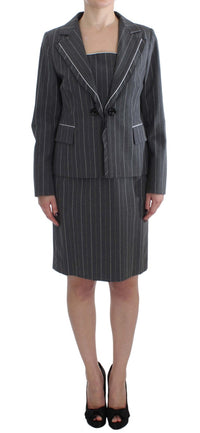 Thumbnail for Elegant Gray Striped Dress & Blazer Suit Set