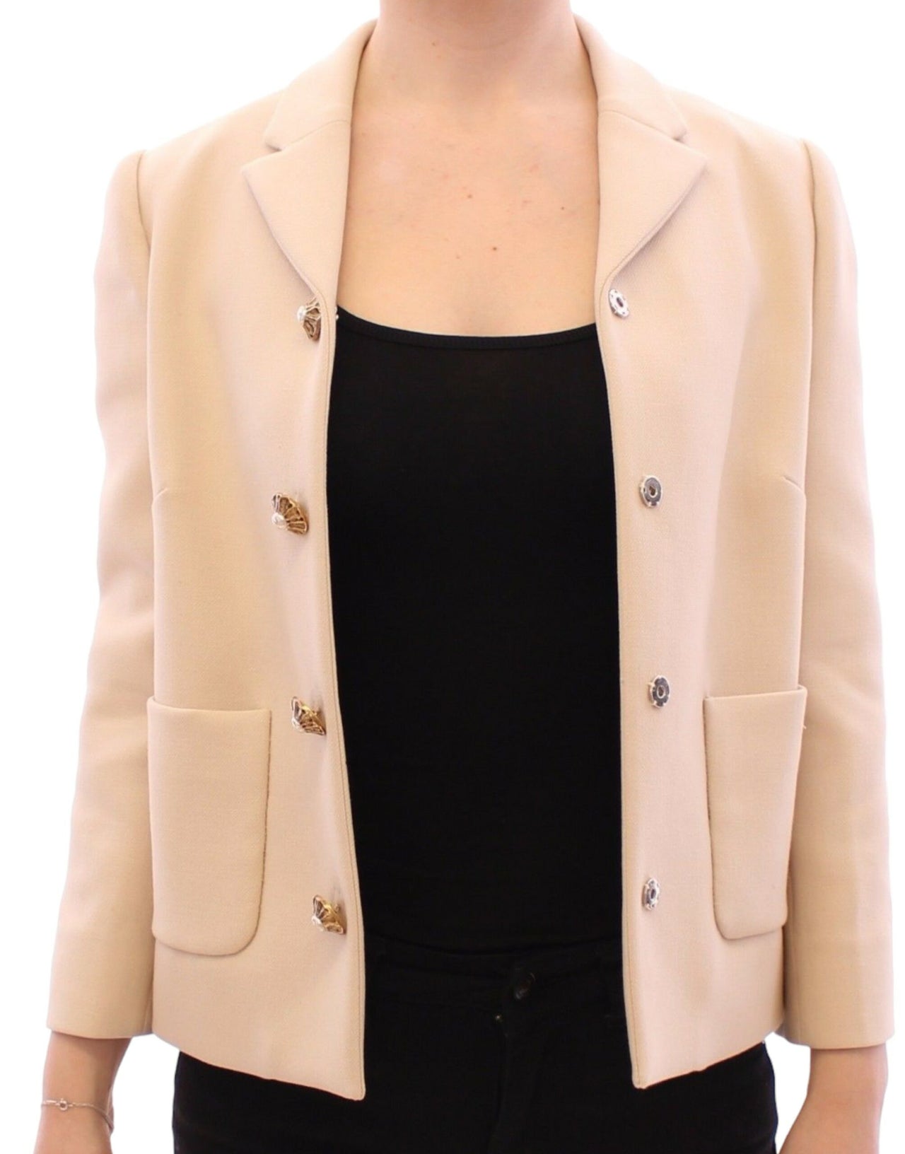 Beige Wool Pearl Button Jacket Blazer Coat