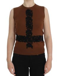 Thumbnail for Brown Wool Black Lace Vest Sweater Top