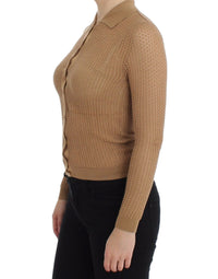 Thumbnail for Beige Knitted Cotton Polo Cardigan Sweater