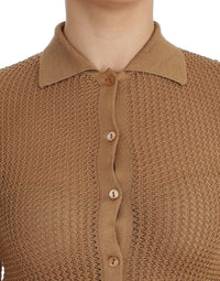 Thumbnail for Beige Knitted Cotton Polo Cardigan Sweater