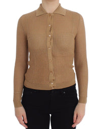 Thumbnail for Beige Knitted Cotton Polo Cardigan Sweater