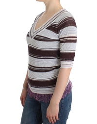 Thumbnail for Striped Lace V-Neck Short Sleeve Top Sweater