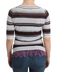 Thumbnail for Striped Lace V-Neck Short Sleeve Top Sweater