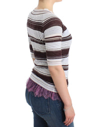 Thumbnail for Striped Lace V-Neck Short Sleeve Top Sweater