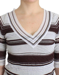 Thumbnail for Striped Lace V-Neck Short Sleeve Top Sweater