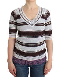 Thumbnail for Striped Lace V-Neck Short Sleeve Top Sweater