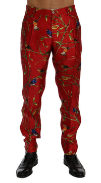 Thumbnail for Red Silk Bird Print Dress Pants