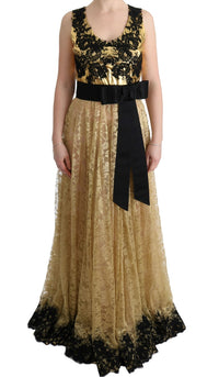 Thumbnail for Elegant Gold Floral Lace Gown Dress