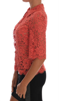 Thumbnail for Elegant Orange Floral Lace Crystal Cardigan Blouse