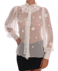 Thumbnail for Elegant White Silk Daisy Blouse