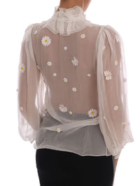 Thumbnail for Elegant White Silk Daisy Blouse