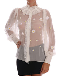 Thumbnail for Elegant White Silk Daisy Blouse