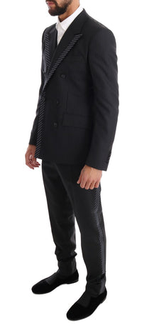 Thumbnail for Elegant Gray Striped Wool Silk Men's 3-Piece Suit