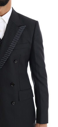 Thumbnail for Elegant Gray Striped Wool Silk Men's 3-Piece Suit