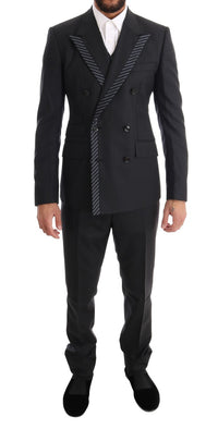 Thumbnail for Elegant Gray Striped Wool Silk Men's 3-Piece Suit