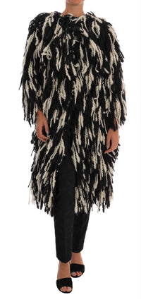 Thumbnail for Black and White Fringed Wool Coat Jacket