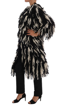 Thumbnail for Black and White Fringed Wool Coat Jacket