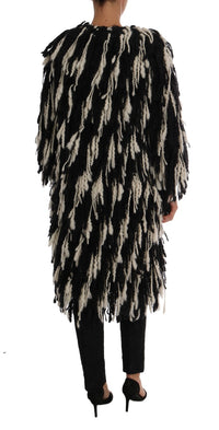 Thumbnail for Black and White Fringed Wool Coat Jacket