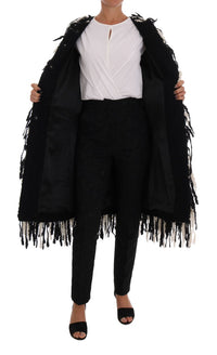 Thumbnail for Black and White Fringed Wool Coat Jacket