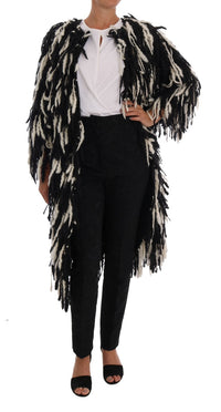 Thumbnail for Black and White Fringed Wool Coat Jacket