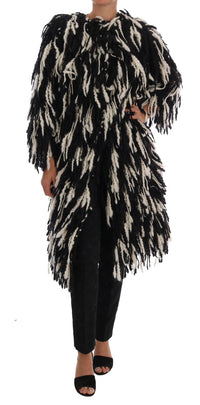 Thumbnail for Black and White Fringed Wool Coat Jacket